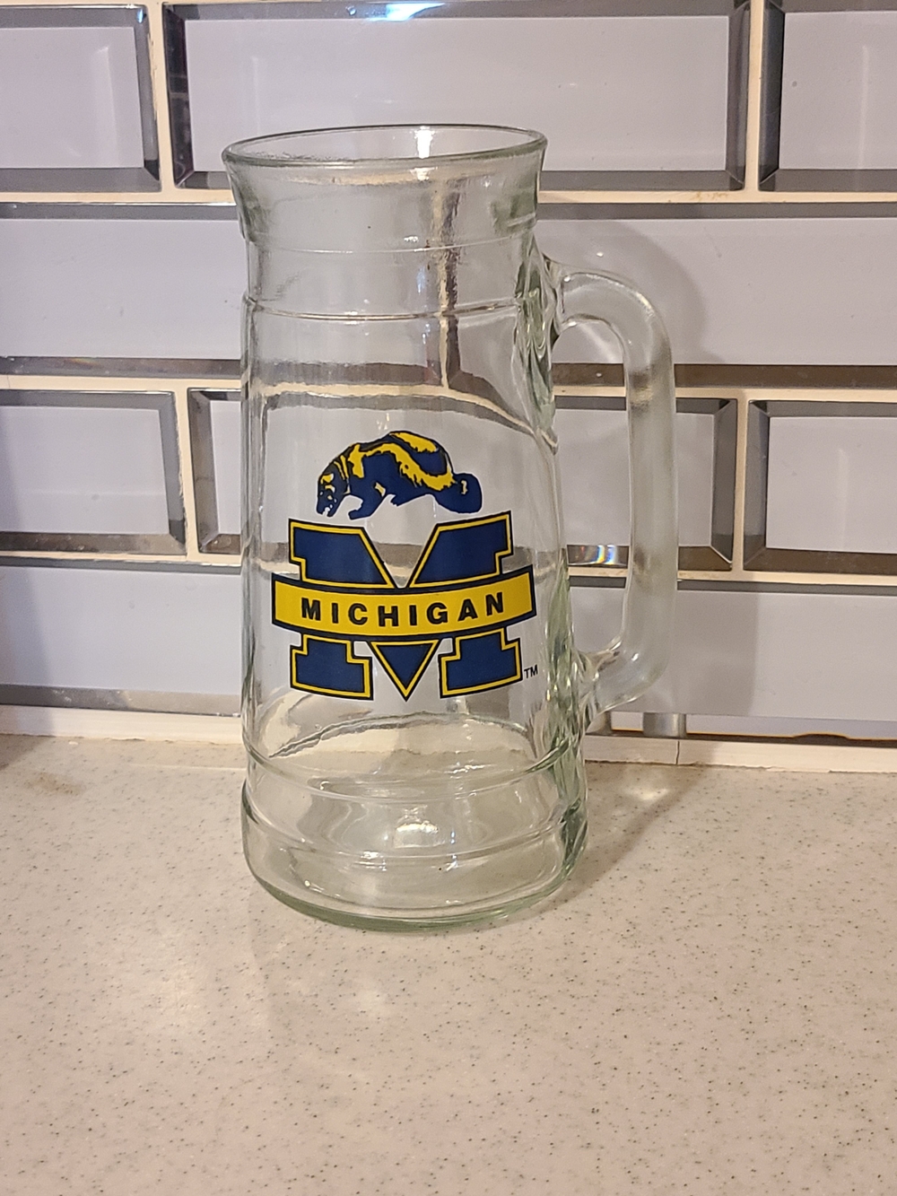 MICHI Glass Beer Stein Mug - Clear Glass with Blue & Yellow Logo